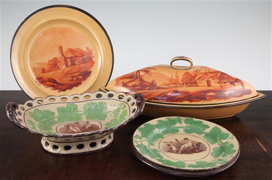 A Davenport Drabware supper dish and two plates and a Staffordshire Drabware dessert dish and two plates, early 19th century, dish 24.5